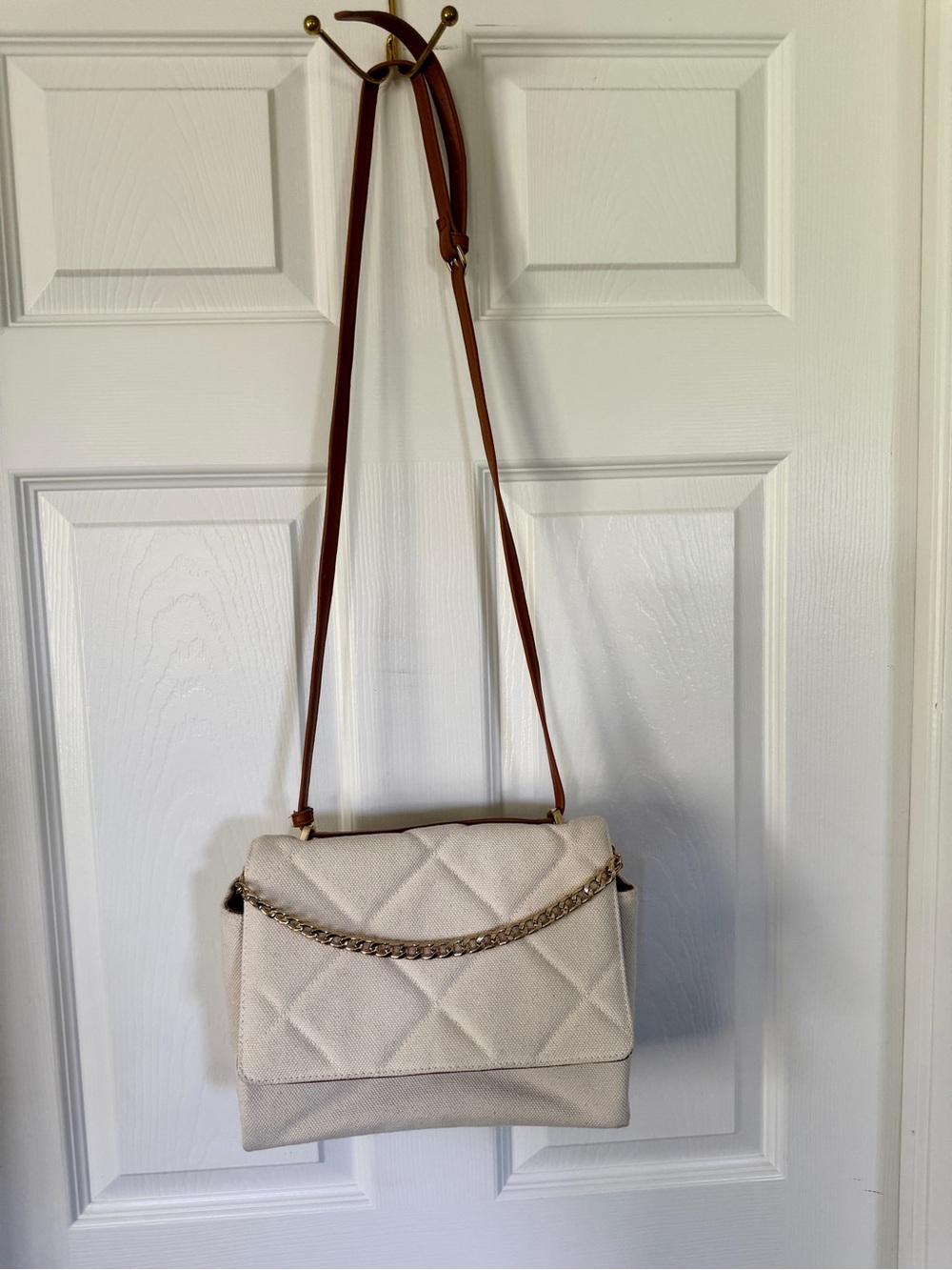 Canvas Quilted Chain Crossbody Bag Cream Tan Faux Leather Trim